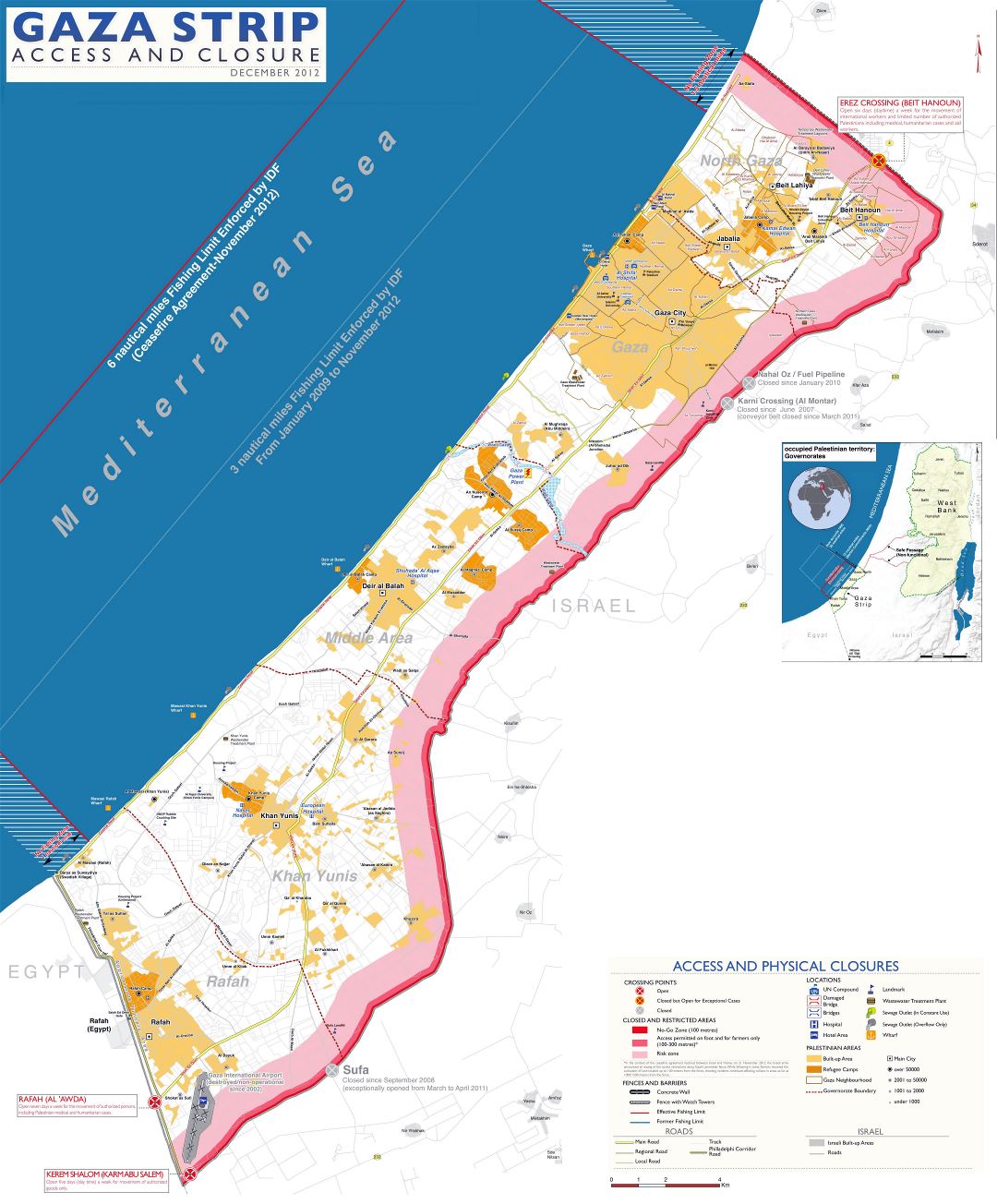 A gran escala mapa de la Franja de Gaza con carreteras y ciudades - 2012