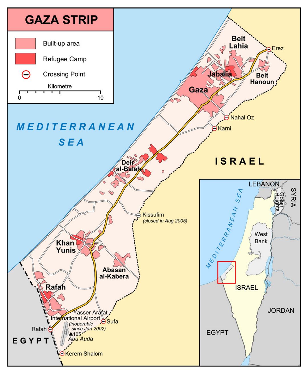 Detallado mapa de Franja de Gaza con carreteras y ciudades