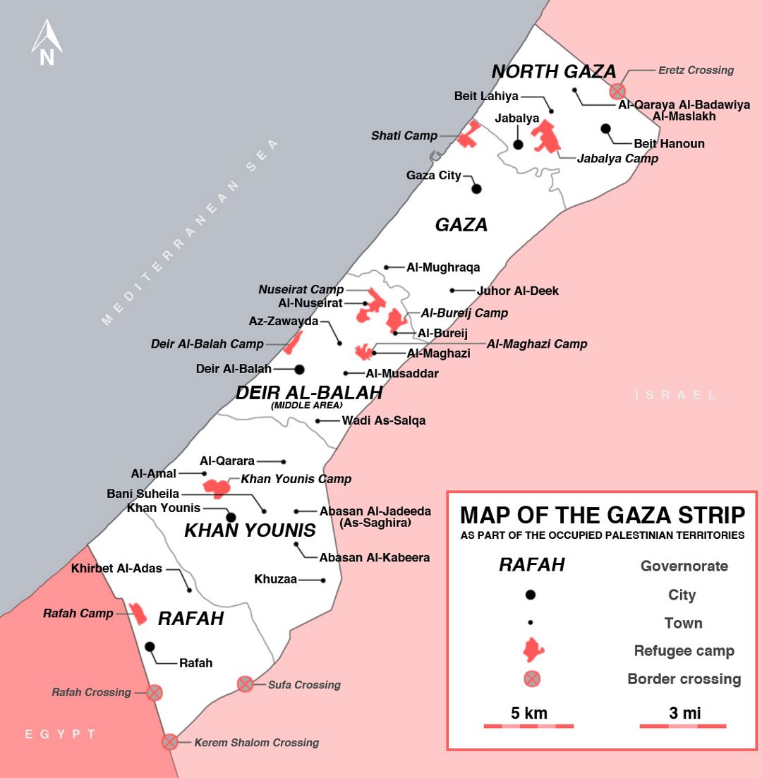 Detallado mapa de Franja de Gaza con ciudades