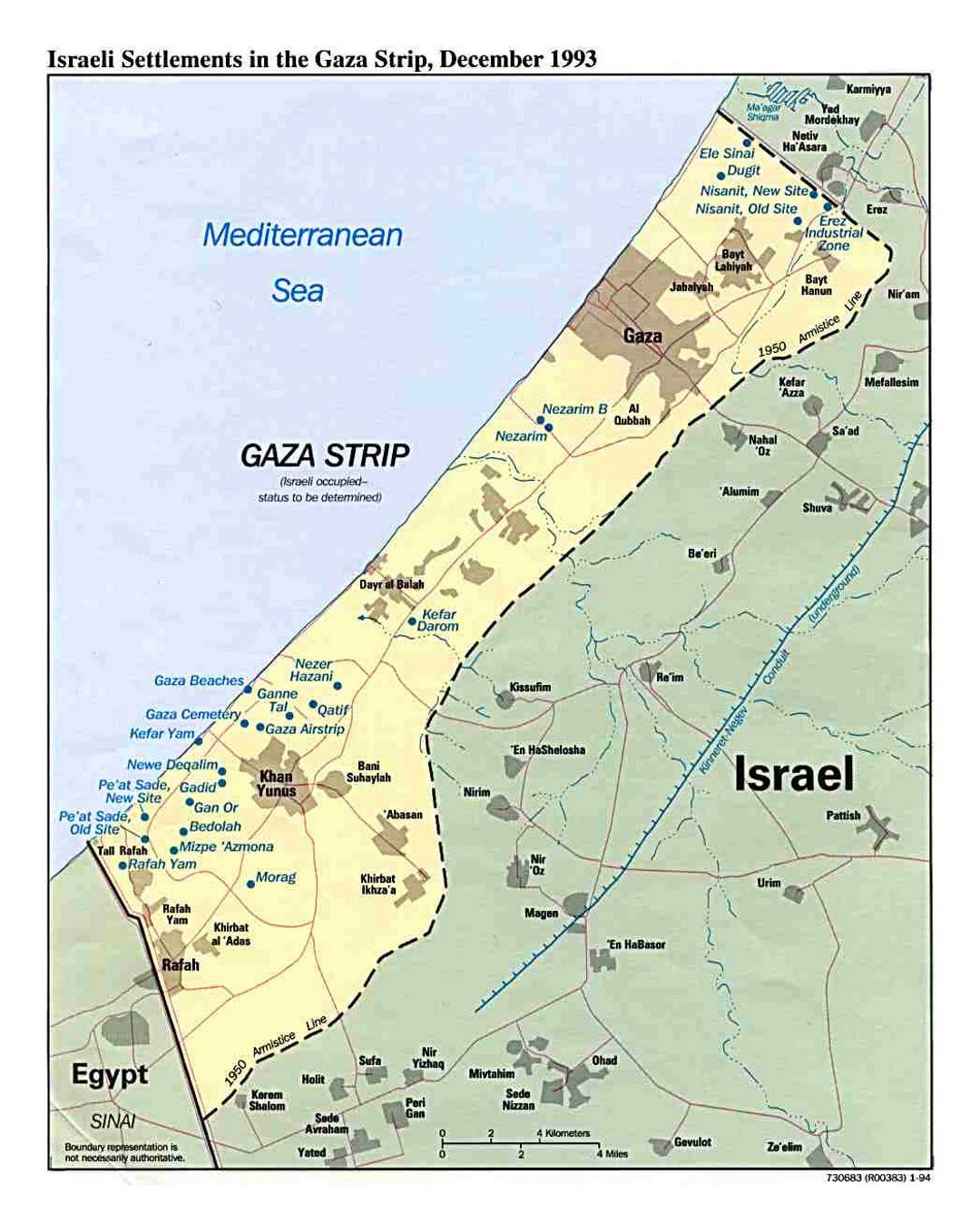 Detallado mapa de los asentamientos israelíes en Franja de Gaza - 1993