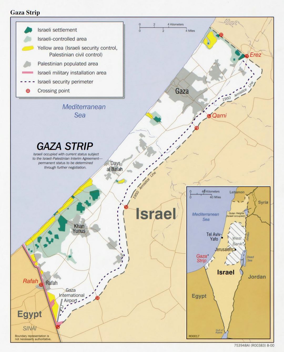 Detallado mapa político de la Franja de Gaza con otras marcas - 2000