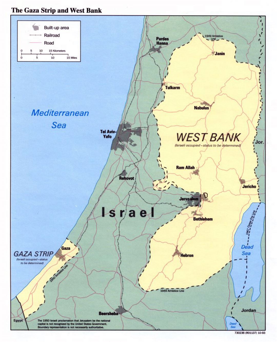 Detallado mapa político de la Franja de Gaza y Cisjordania - 1993