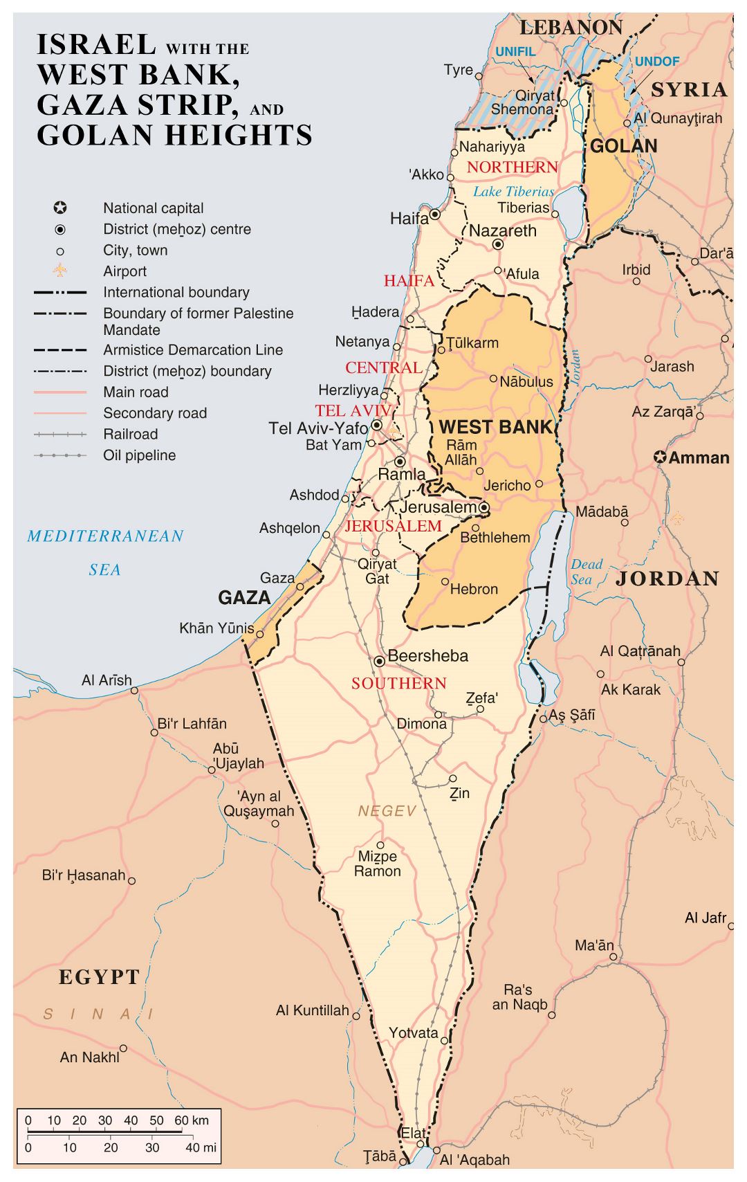 Grande detallado mapa de Israel con Cisjordania, la Franja de Gaza y Golgan Heights