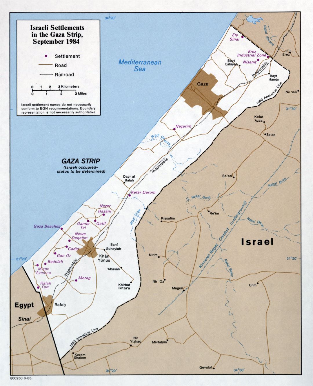 Grande detallado mapa de los asentamientos israelíes en la Franja de Gaza - 1985