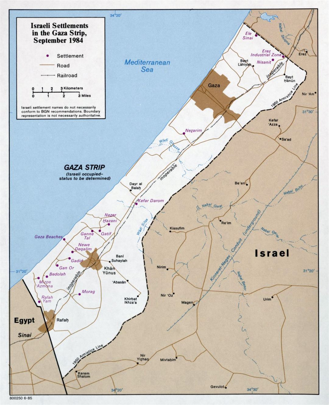 Grande mapa de asentamientos israelíes en la Franja de Gaza - 1985