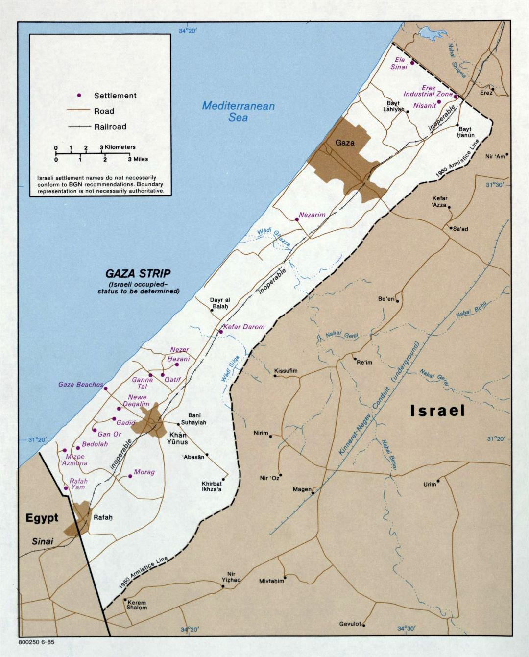Grande mapa político de la Franja de Gaza - 1985