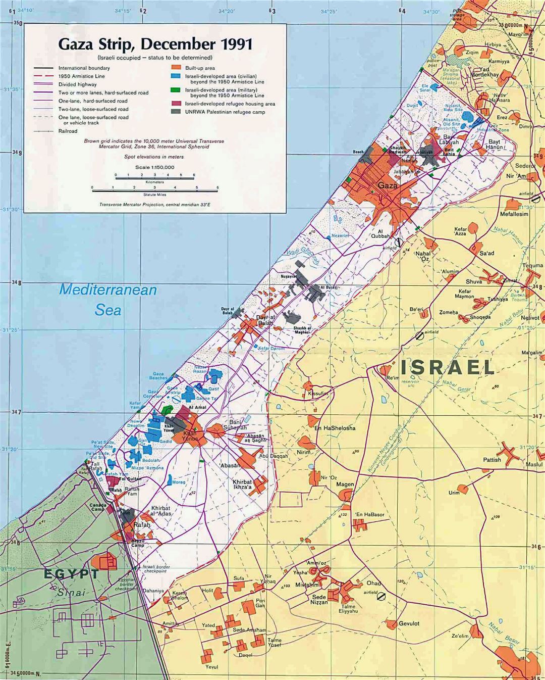 Grande mapa político de la Franja de Gaza con carreteras, ciudades y otras marcas - 1991