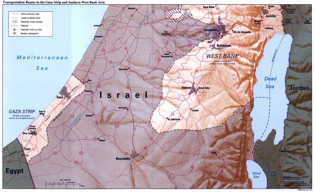 Grande rutas de transporte en la Franja de Gaza y el área del sur de Cisjordania mapa con relieve - 1994