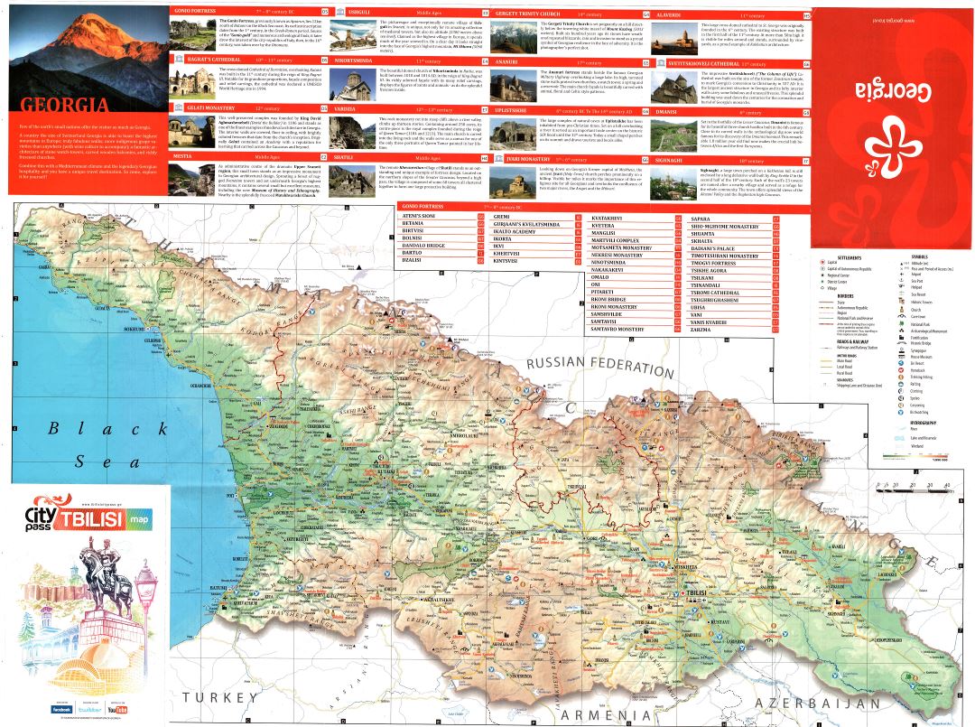 A gran escala detallado mapa turístico de Georgia con relieve, todas carreteras, ciudades y otras marcas