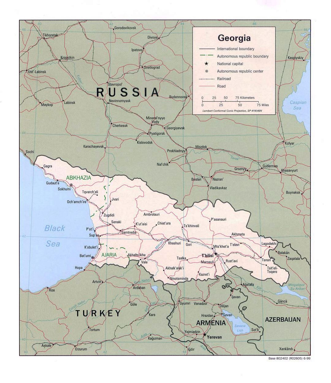 Detallado mapa político de Georgia con carreteras, ferrocarriles y principales ciudades - 1999