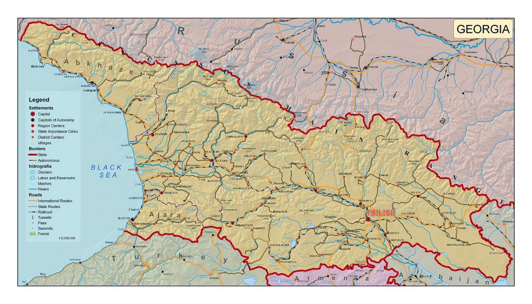 Detallado mapa político de Georgia con relieve, carreteras, ciudades y otras marcas