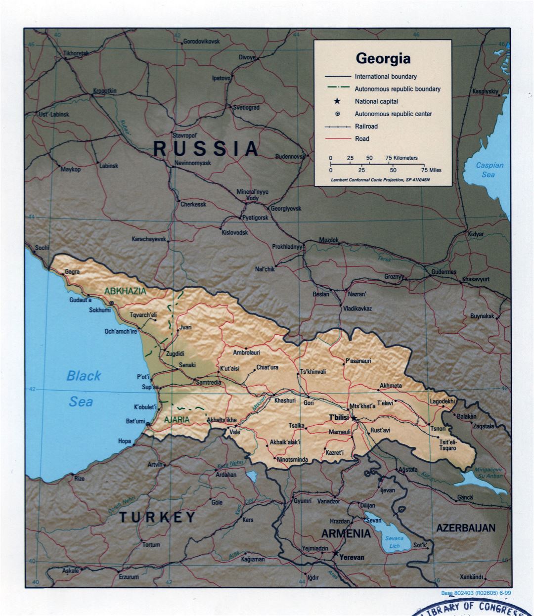Grande detallado mapa político de Georgia con relieve, carreteras, ferrocarriles y principales ciudades - 1999