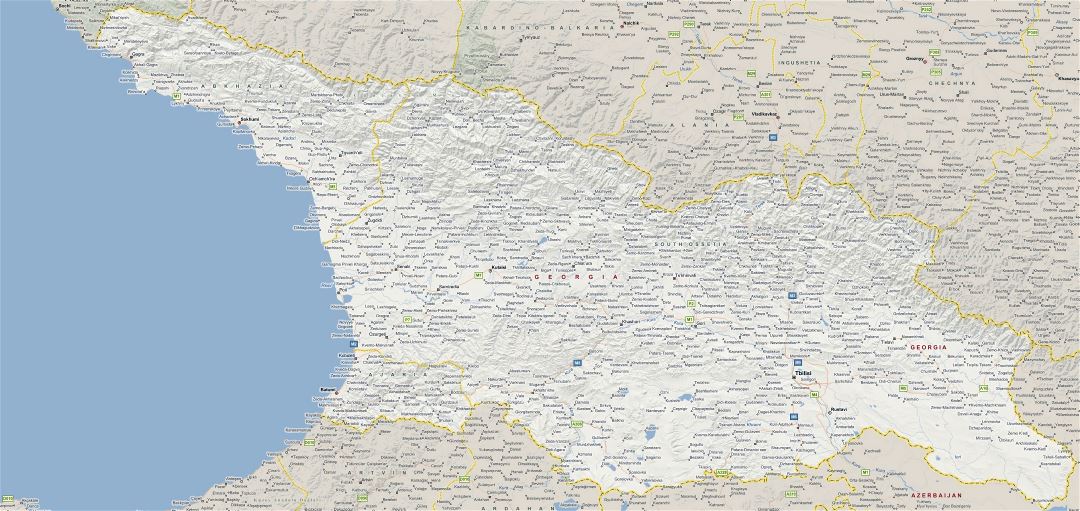 Grande mapa de Georgia con relieve, carreteras y ciudades