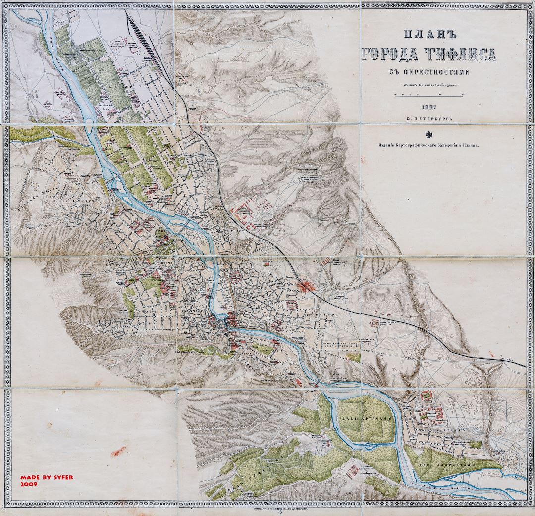 A gran escala mapa antiguo de la ciudad de Tbilisi - 1887