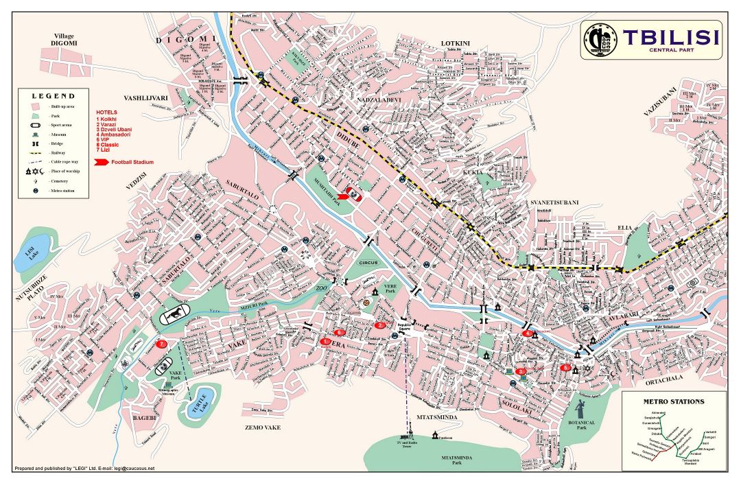 Grande detallado mapa de parte central de ciudad de Tbilisi con nombres de calles
