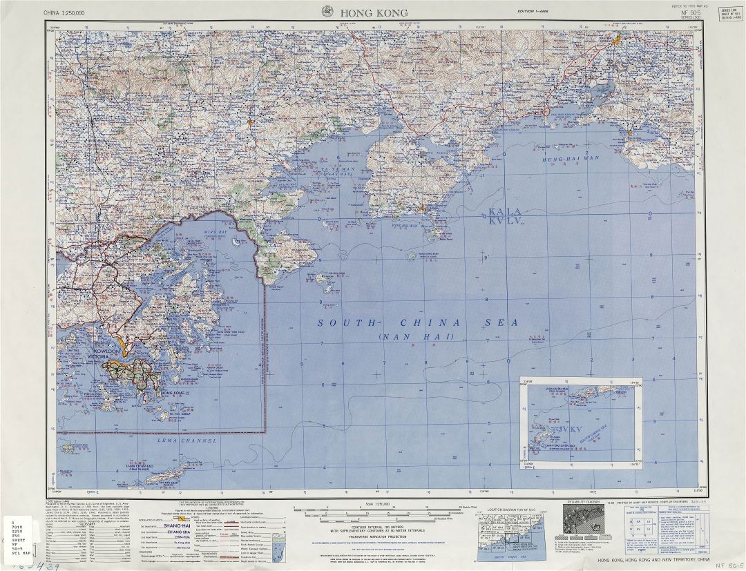 A gran escala detallado mapa topográfico de isla de Hong Kong y sus alrededores