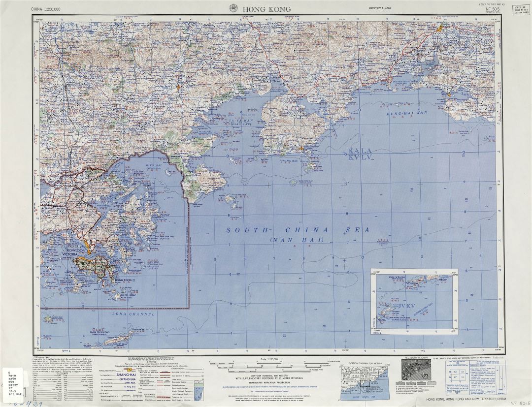 A gran escala detallado mapa topográfico de isla de Hong Kong y sus alrededores