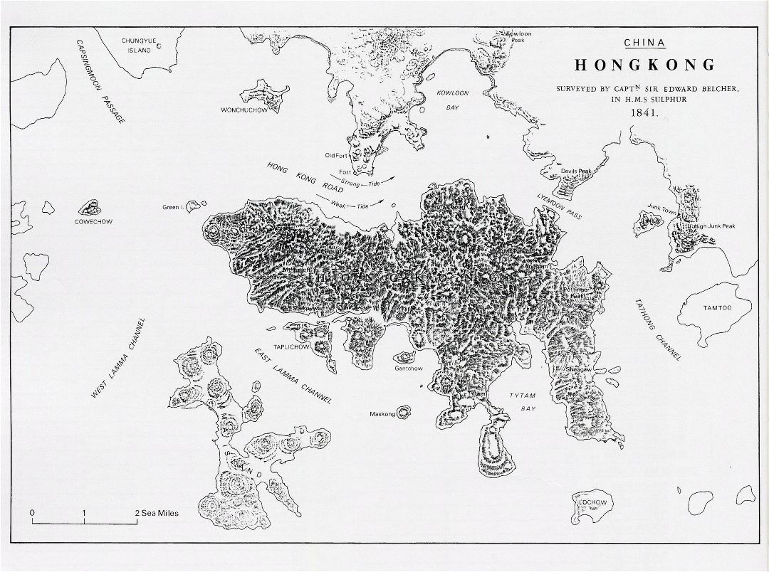 Detallado mapa antiguo de la isla de Hong Kong con relieve - 1841