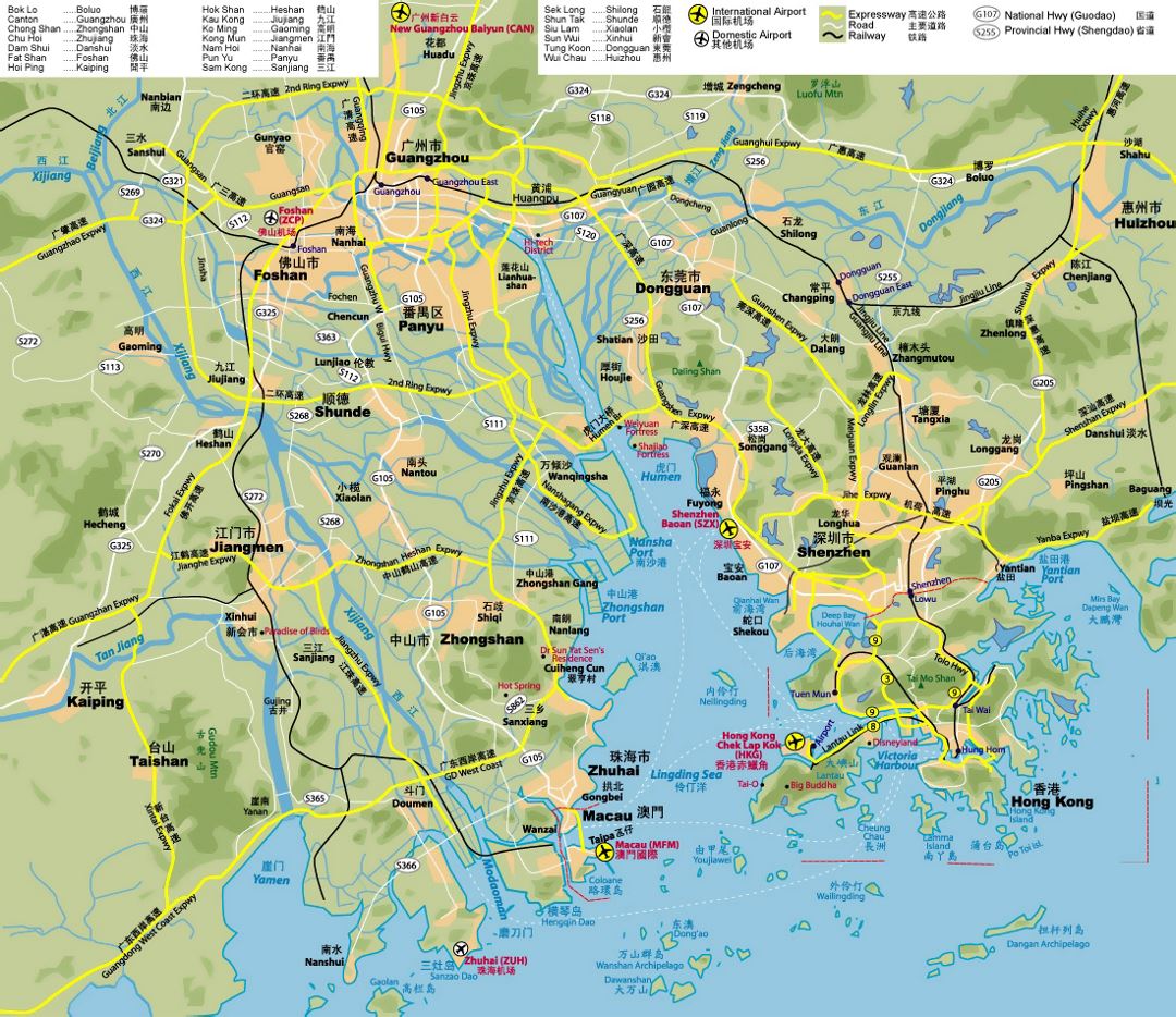Detallado mapa de carreteras de Hong Kong, Shenzhen, Guangzhou y región de Macao