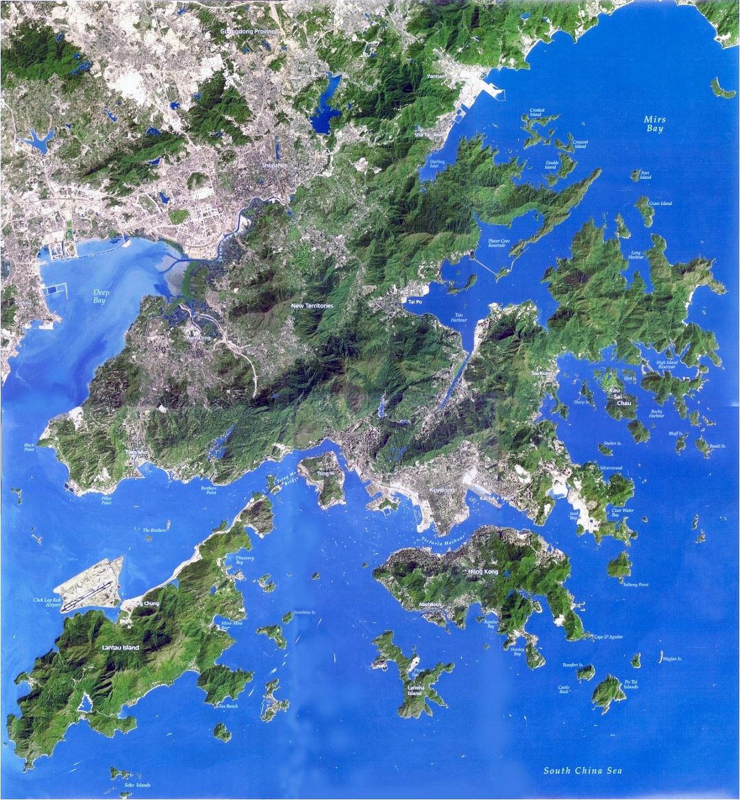 Detallado mapa satelital de Hong Kong