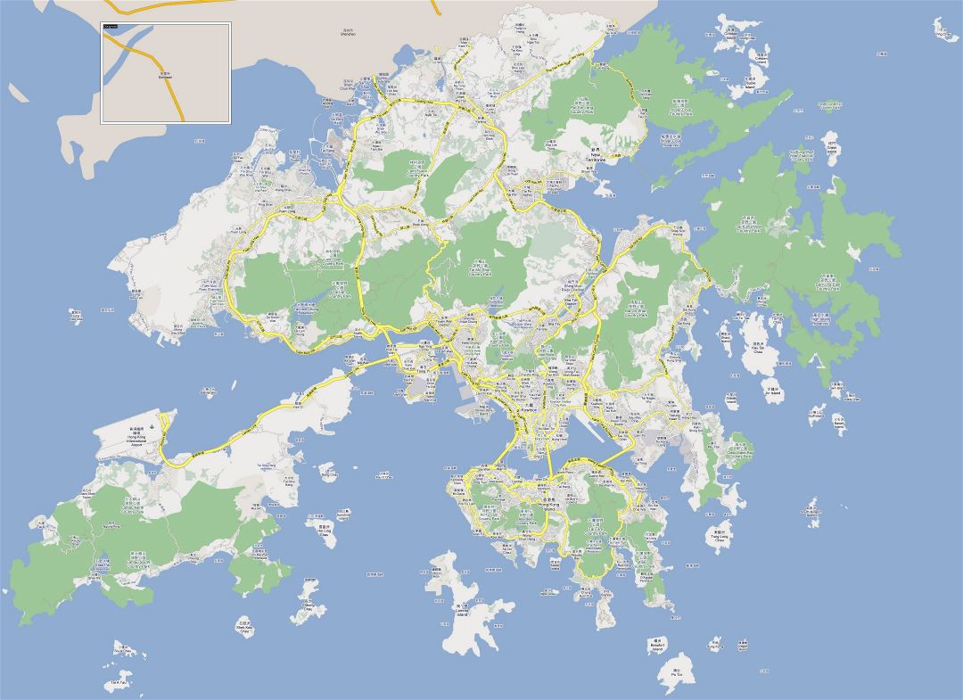 Grande detallado mapa de carreteras de Hong Kong y Kowloon