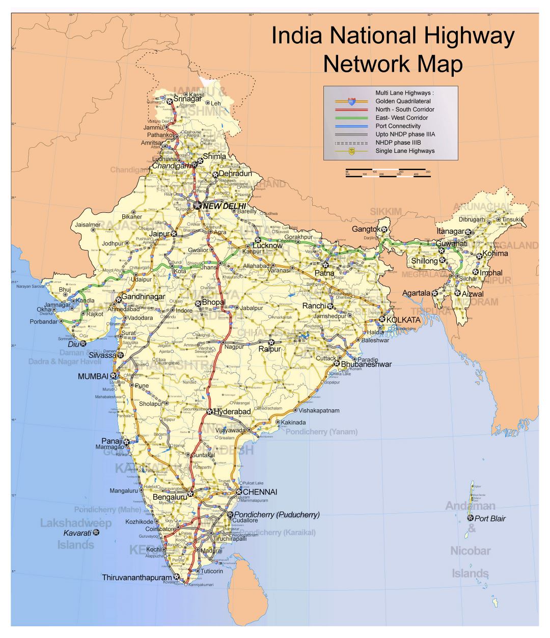 A gran escala mapa de la red nacional de autopistas de India