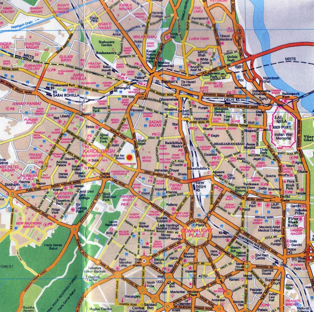 Mapa de carreteras de parte central de ciudad de Delhi