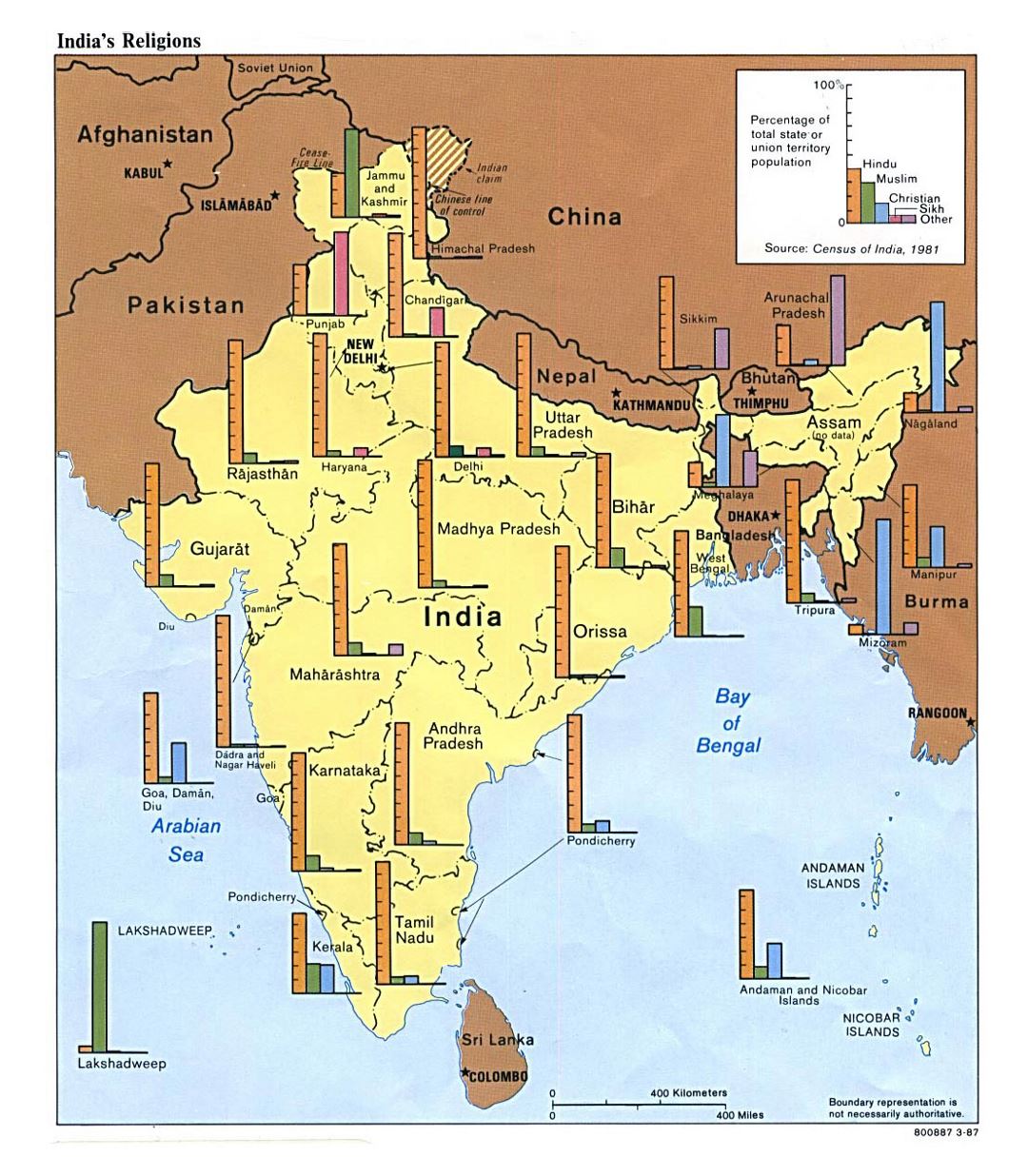 Detallado mapa de religiones de India - 1987