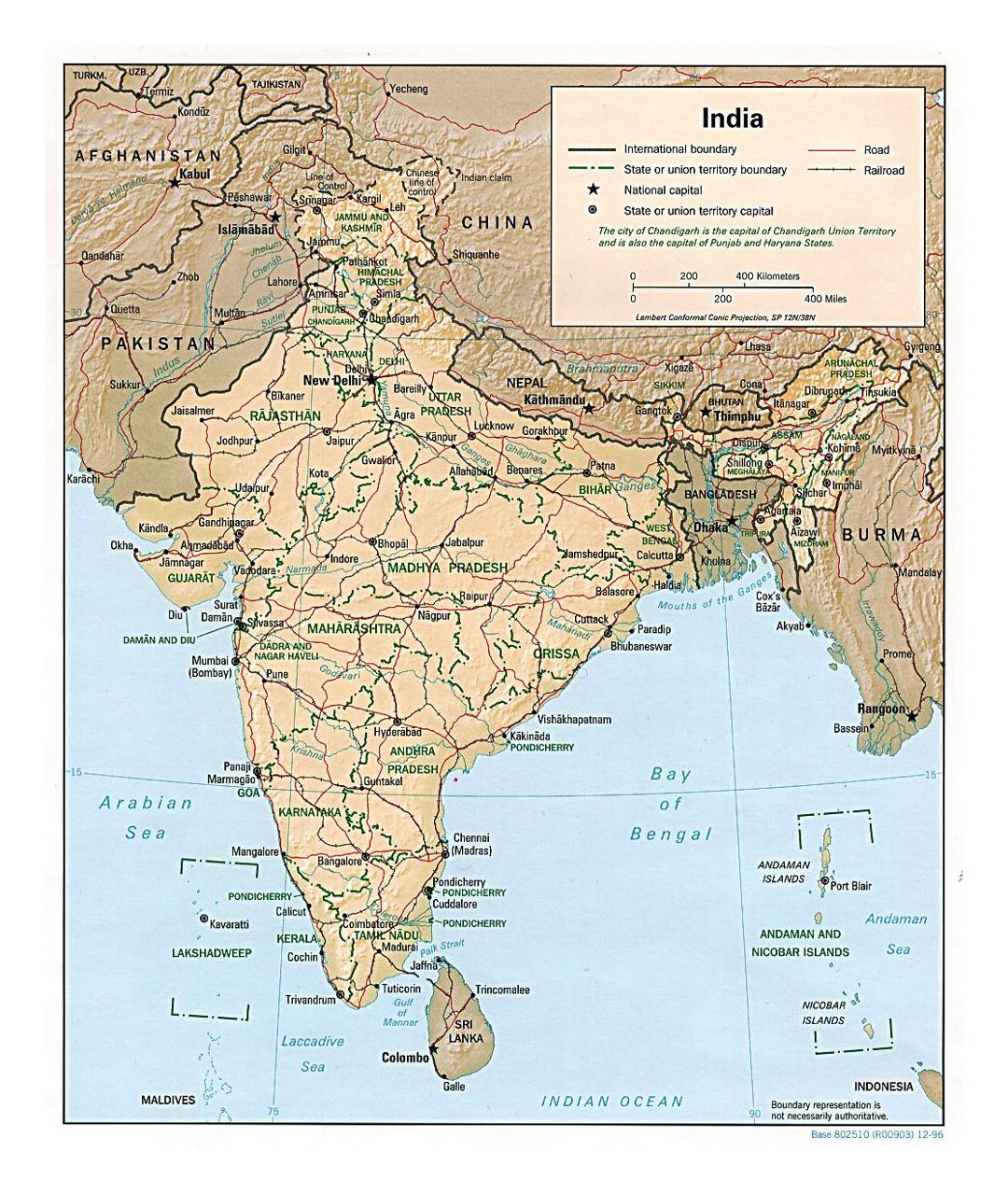 Detallado mapa político y administrativo de la India con relieve, carreteras, ferrocarriles y ciudades - 1996