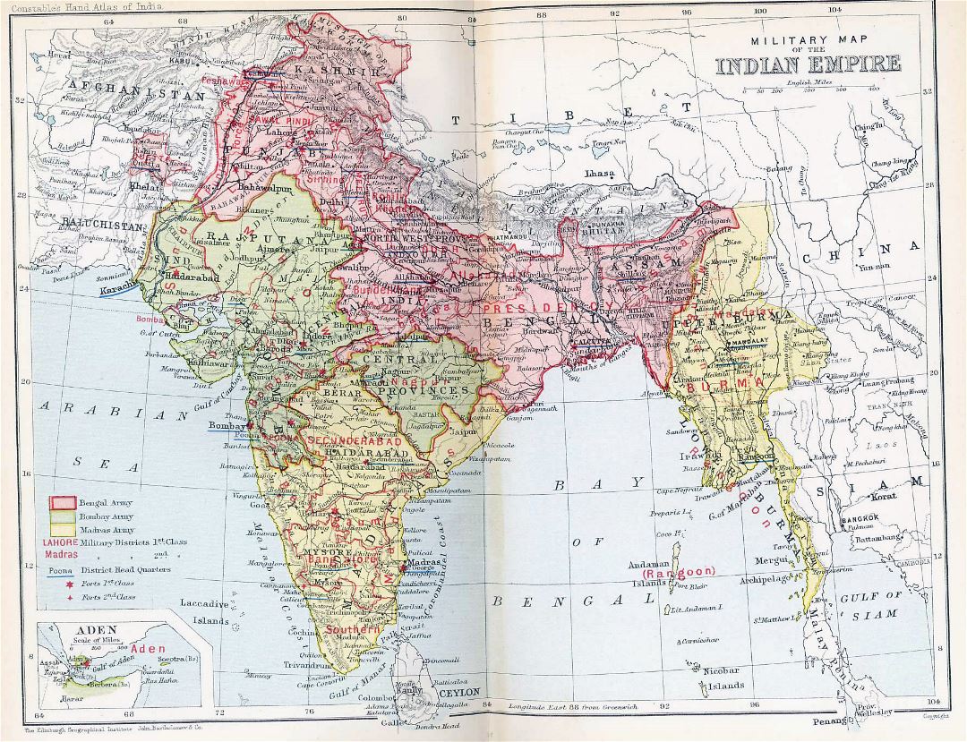 Grande antiguo mapa político y administrativo de la India - 1893