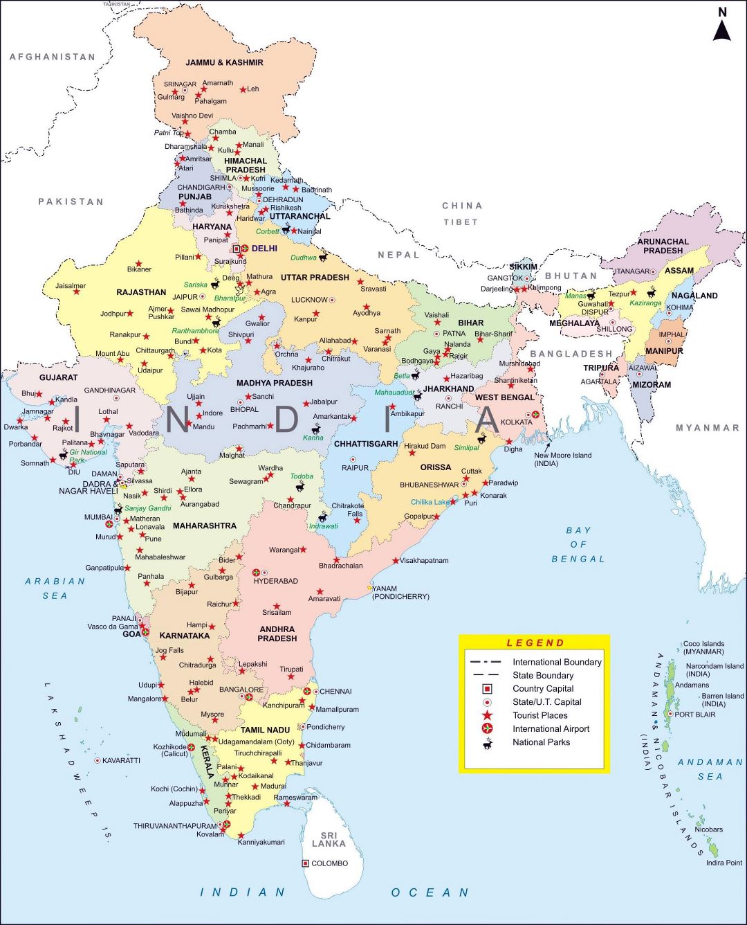 Grande detallado mapa administrativo de la India con principales ciudades