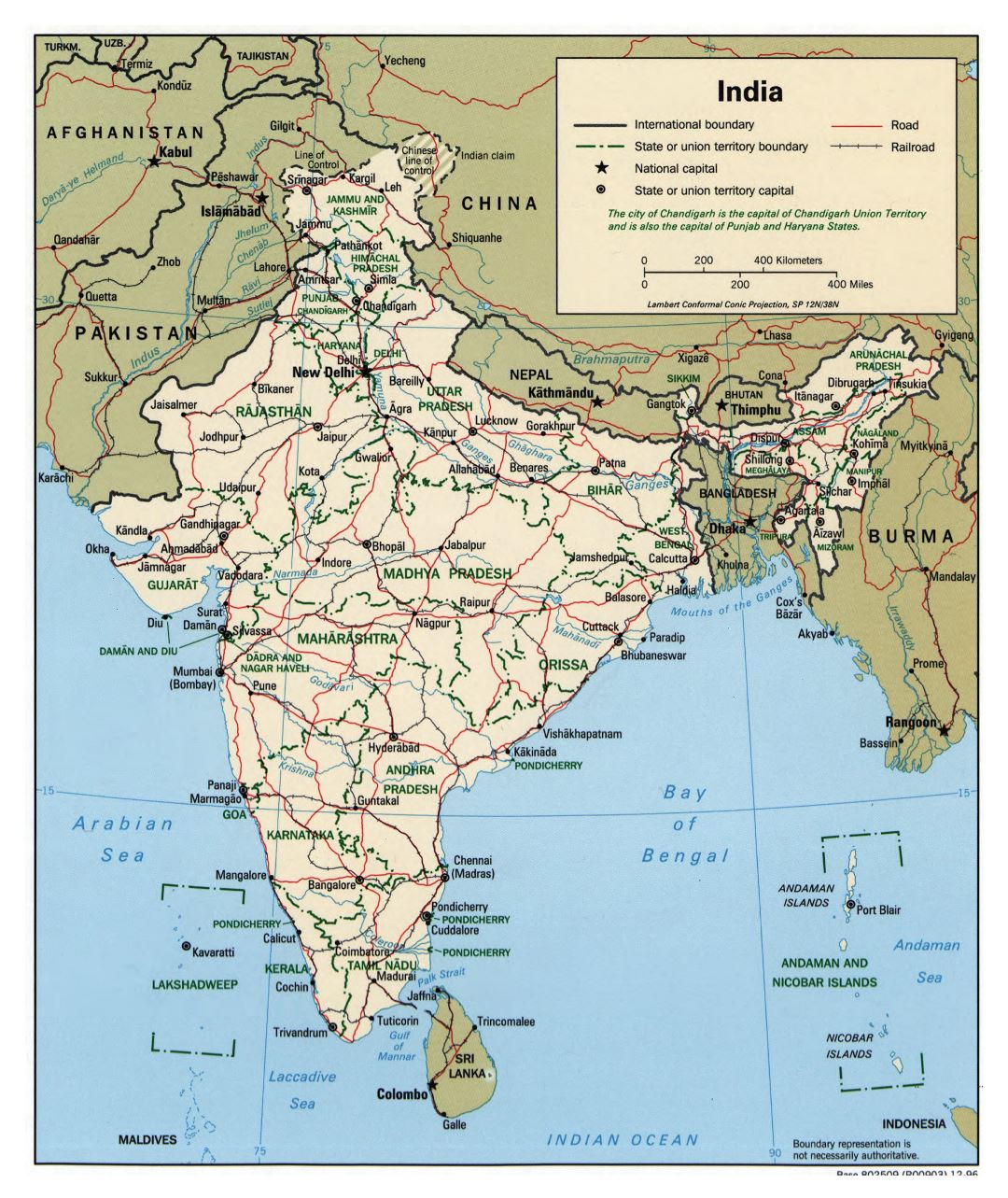 Grande detallado mapa político y administrativo de la India con carreteras, ferrocarriles y ciudades - 1996