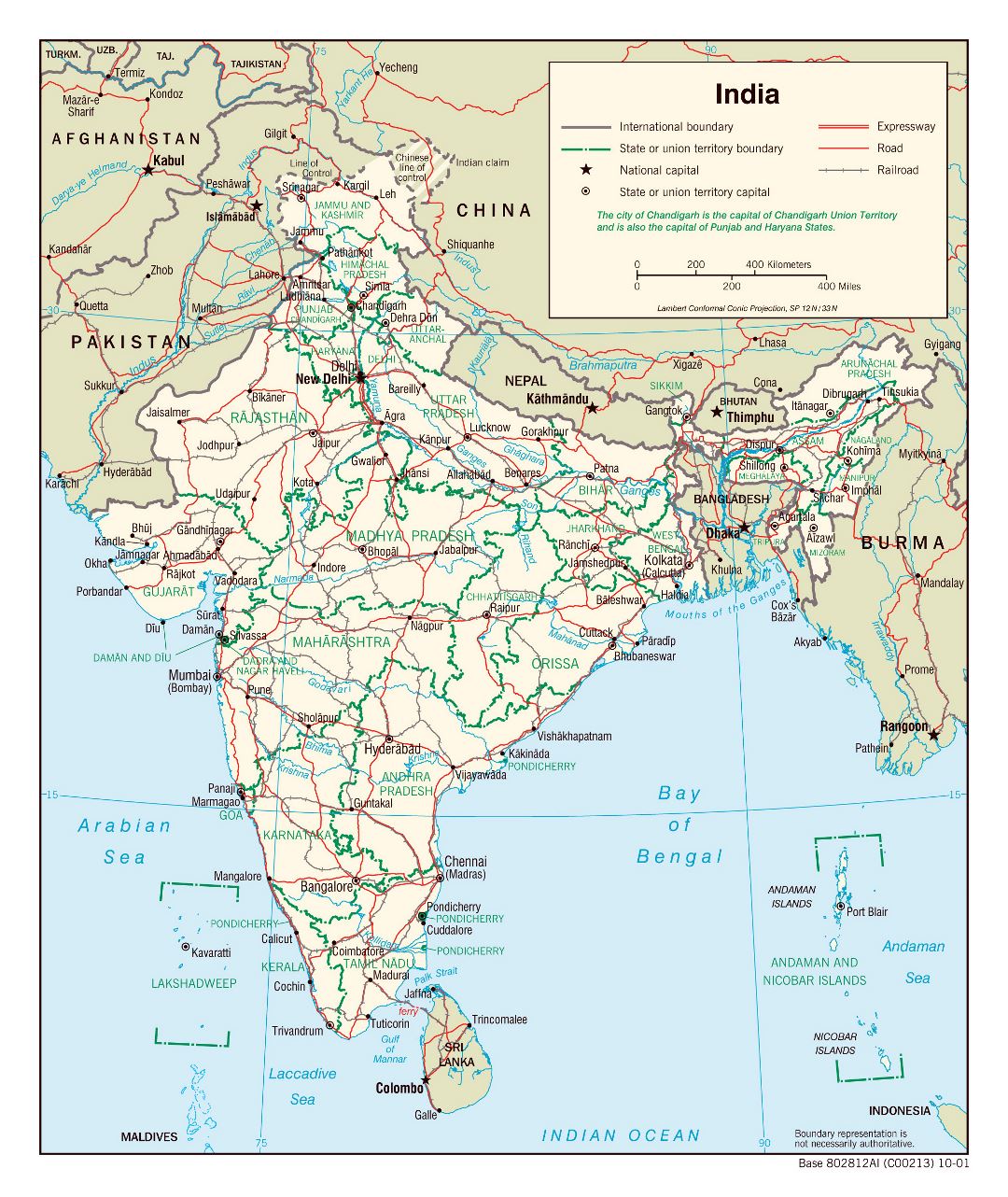 Grande detallado mapa político y administrativo de la India con carreteras, ferrocarriles y principales ciudades - 2001