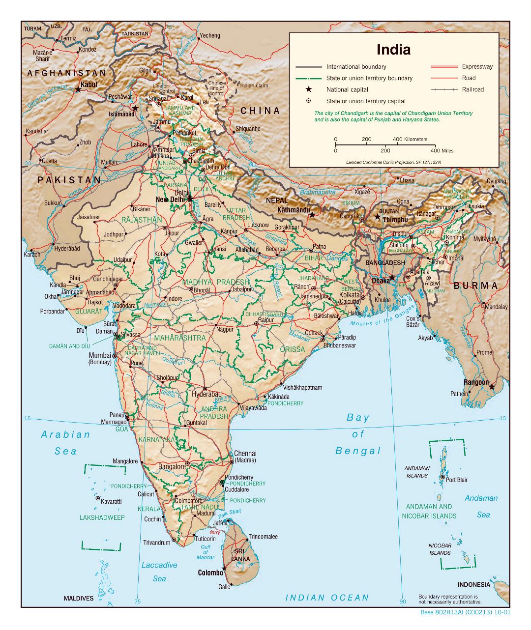 Grande detallado mapa político y administrativo de la India con socorro, carreteras, ferrocarriles y principales ciudades - 2001