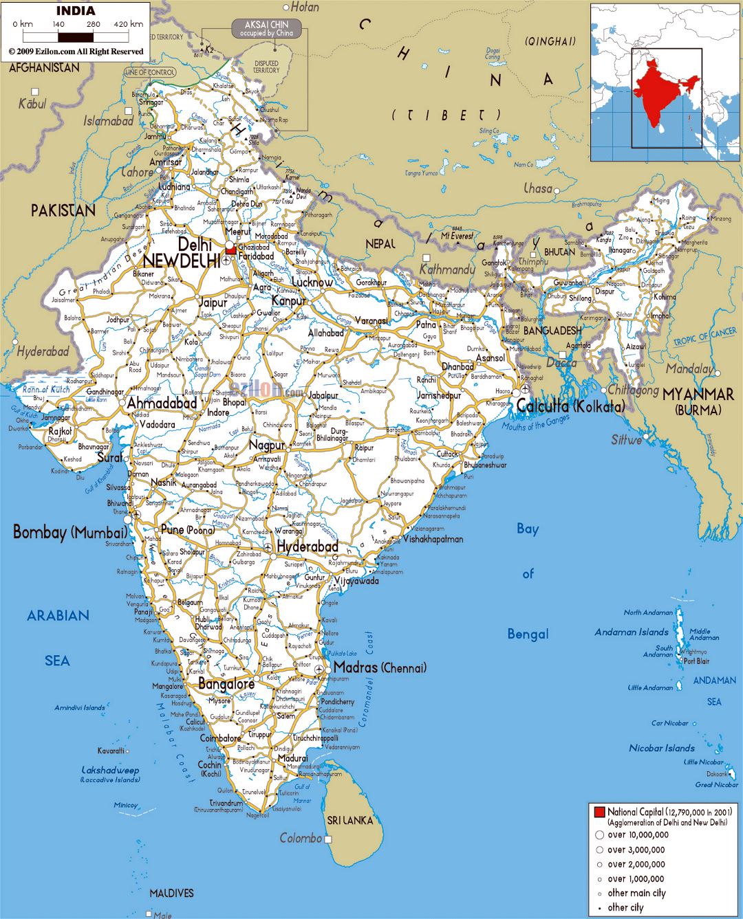 Grande mapa de carreteras de la India con ciudades y aeropuertos
