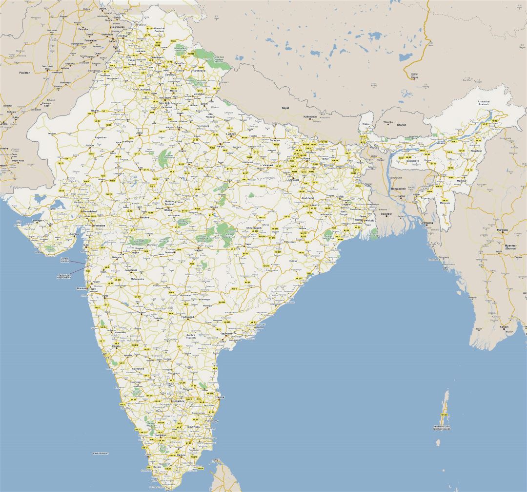Grande mapa de carreteras de la India con parques nacionales y ciudades