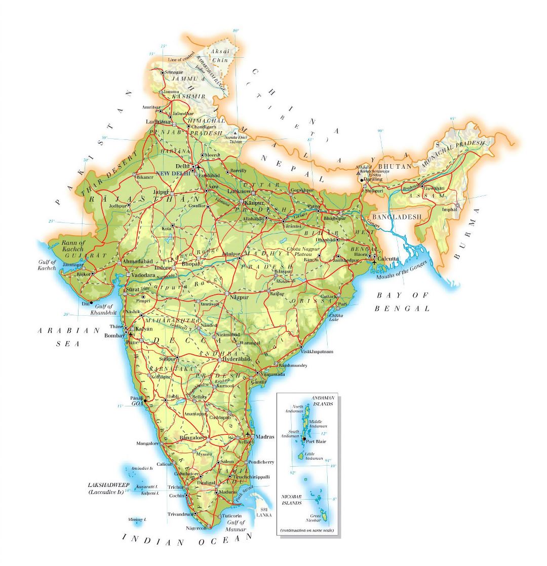Grande mapa de elevación de la India con carreteras, ciudades y aeropuertos