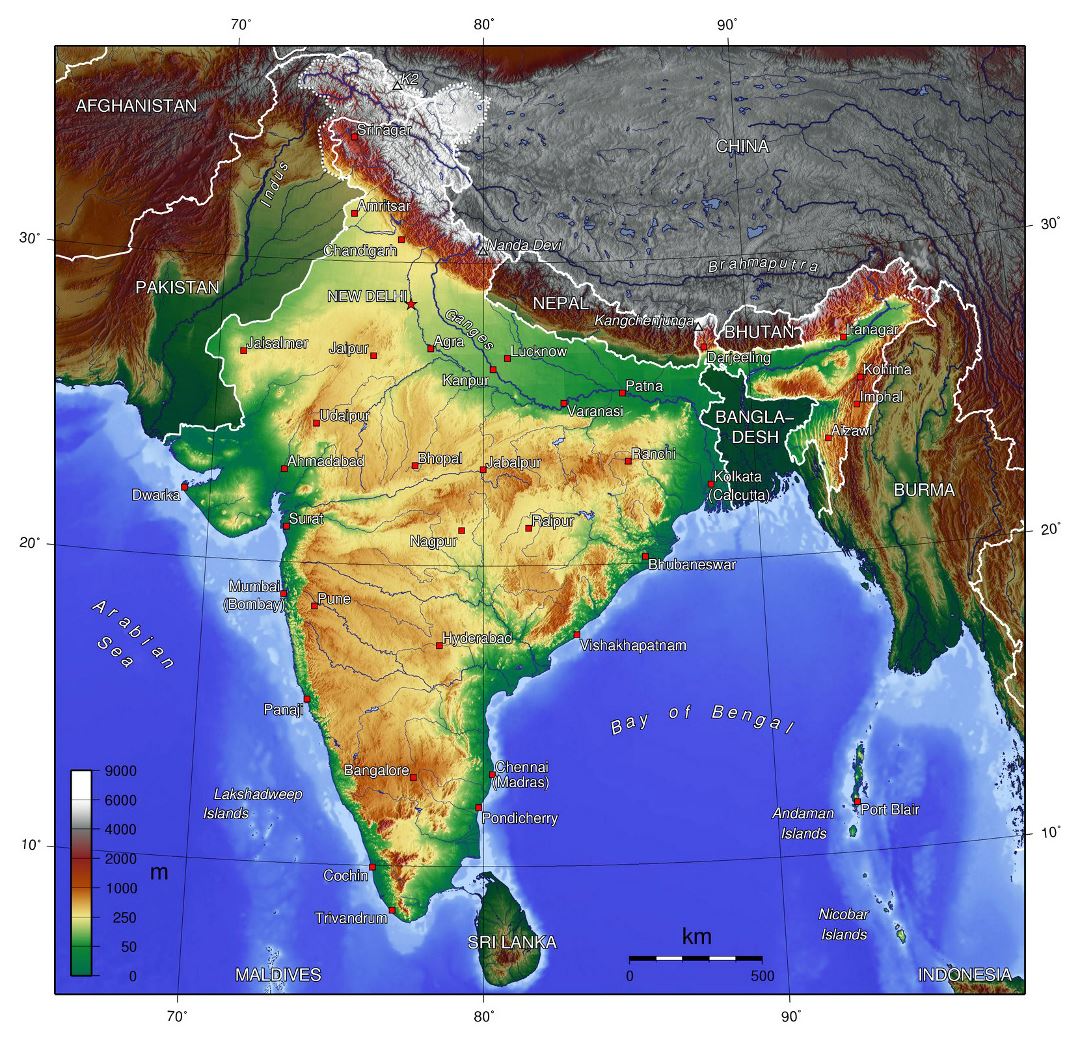 Grande mapa topográfico de la India