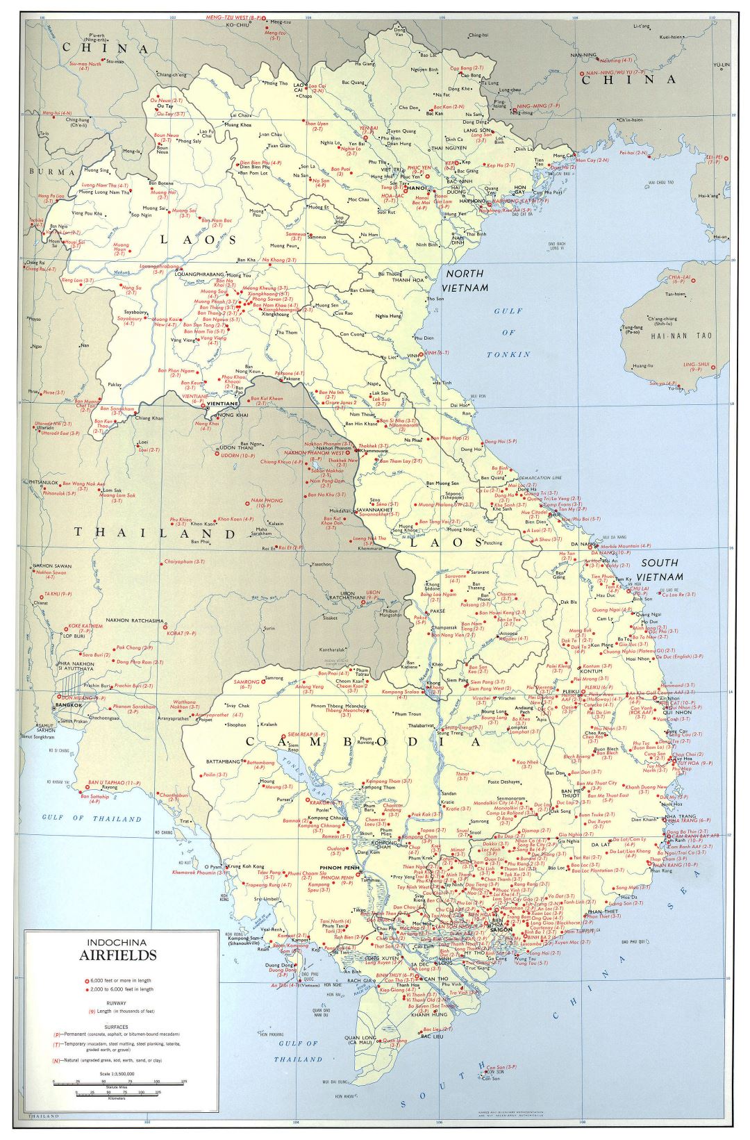 A gran escala aeródromos mapa de Indochina - 1970