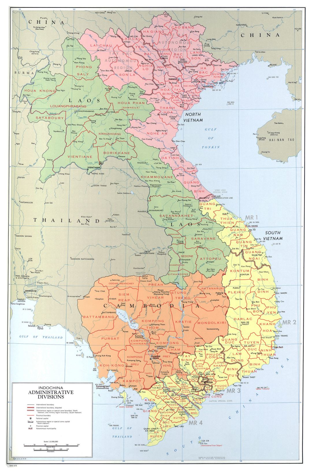 Gran escala divisiones administrativas mapa de Indochina - 1970