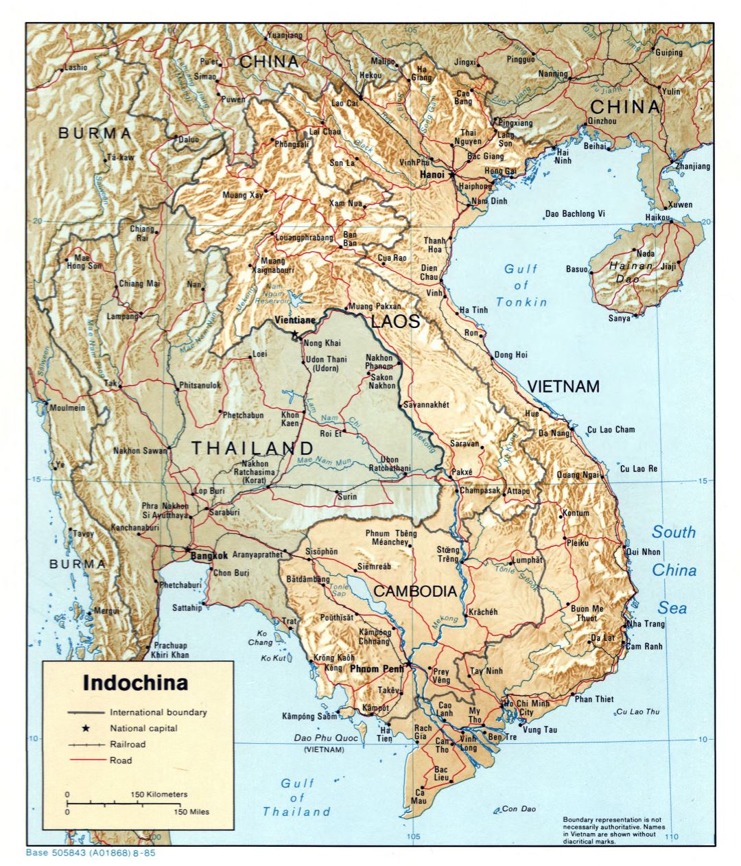 Mapa grande política detallada de Indochina con alivio, las carreteras y las principales ciudades - 1985
