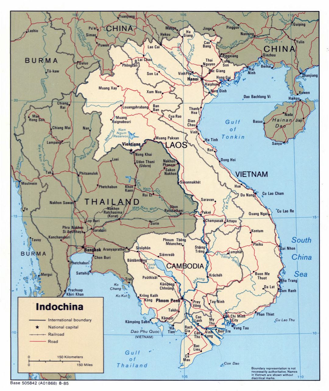 Mapa grande política detallada de Indochina con las carreteras y las principales ciudades - 1985