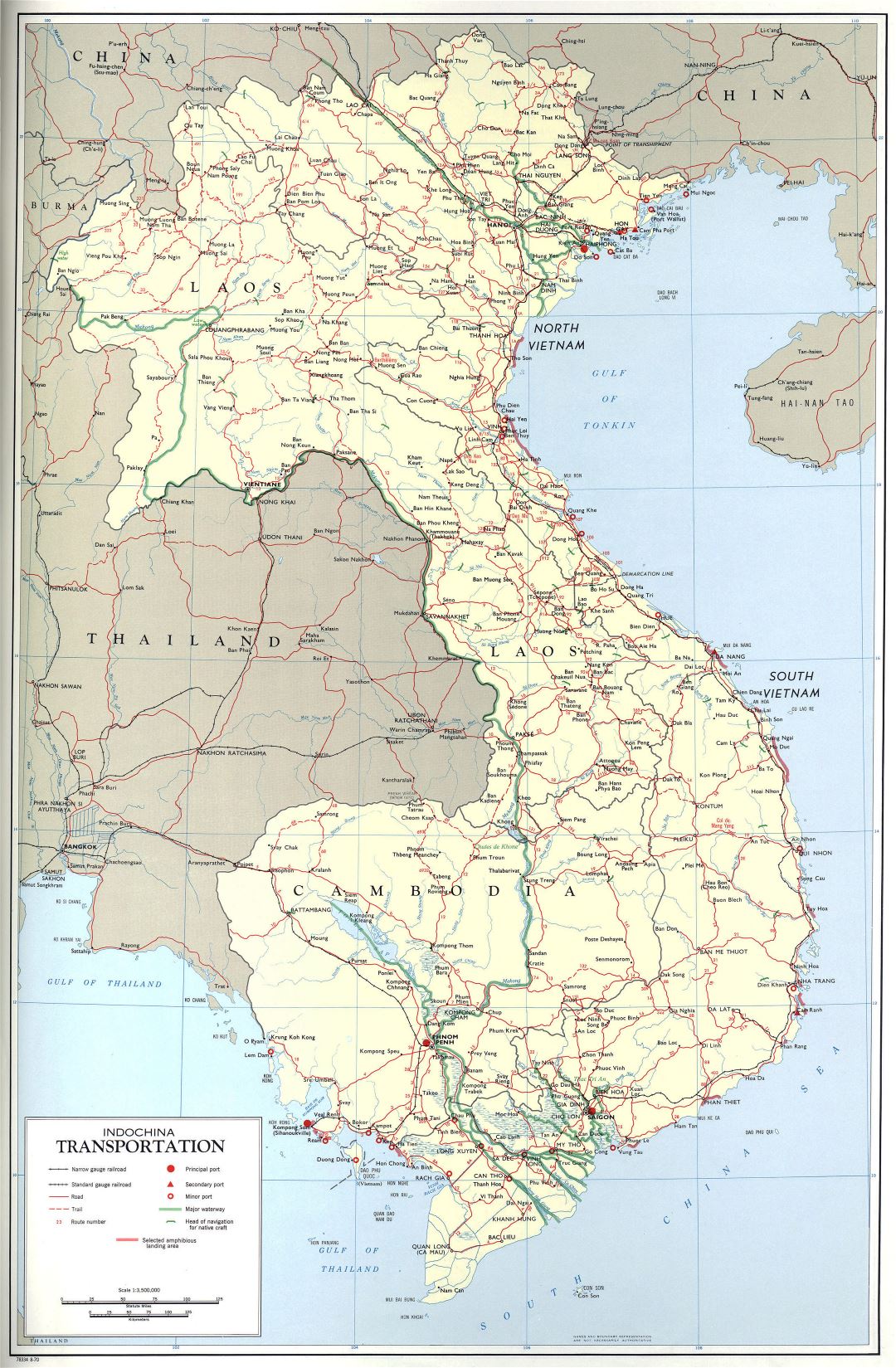 Mapa grande transporte escala de Indochina con las ciudades - 1970