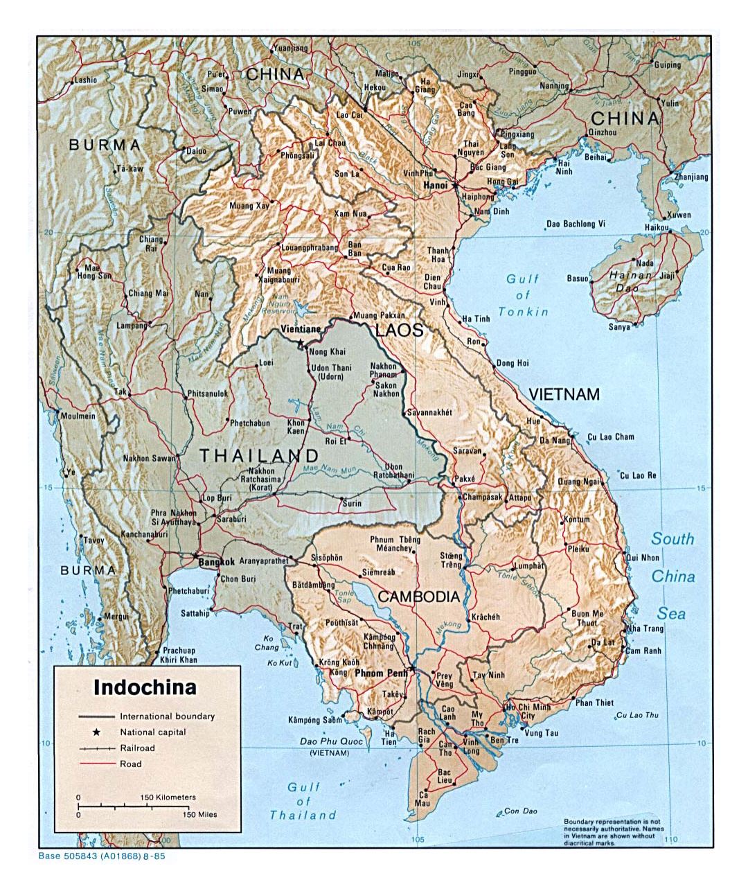 Mapa político detallada de Indochina con alivio, las carreteras y las principales ciudades - 1985