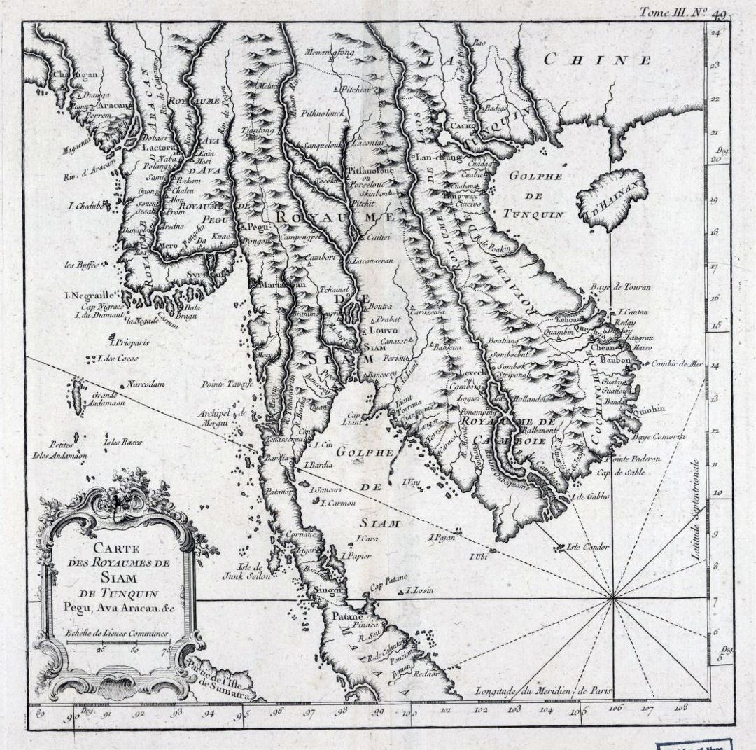 Viejo mapa detallado de Indochina en francés - 1764