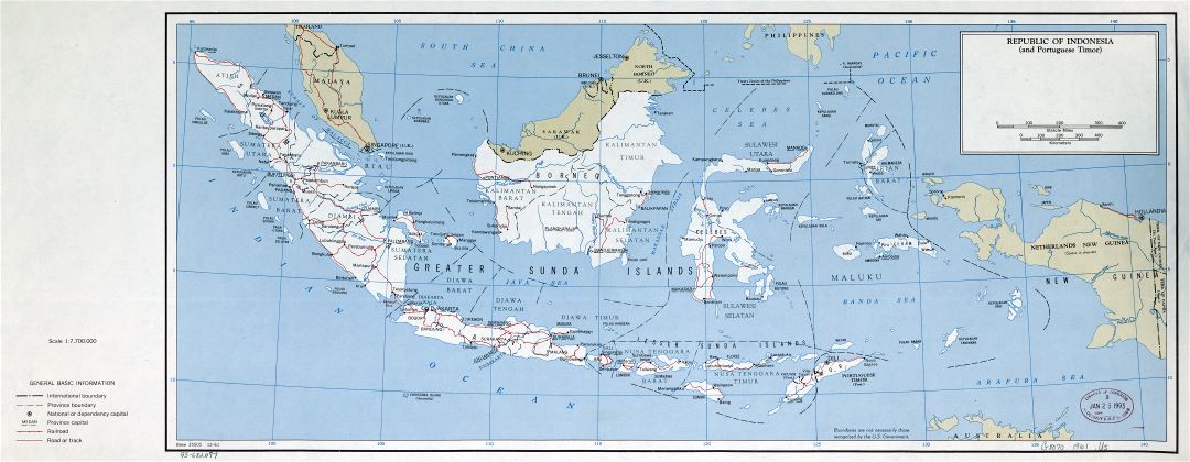 A gran escala mapa político y administrativo de la República de Indonesia con carreteras, ferrocarriles y principales ciudades - 1961