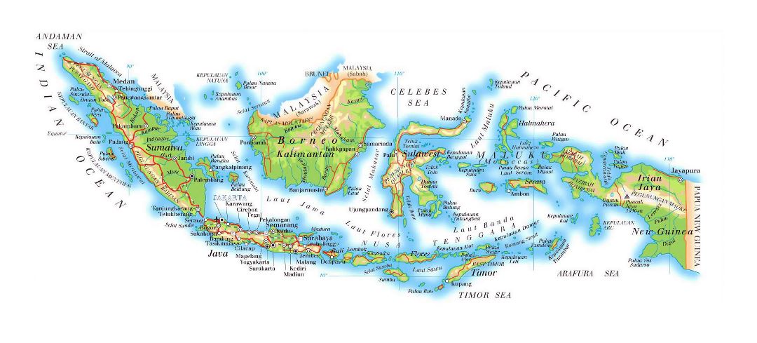 Detallado mapa de elevación de Indonesia con carreteras, relieve y aeropuertos