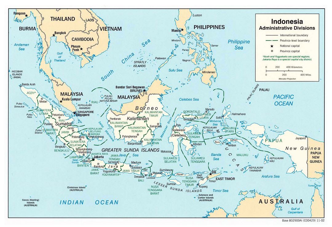 Grande detallado mapa de administrativas divisiones de Indonesia - 2002