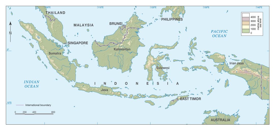 Grande detallado mapa de elevación de Indonesia