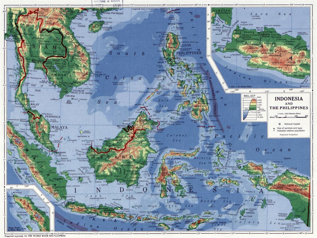 Grande detallado mapa físico de Indonesia y Filipinas - 1952